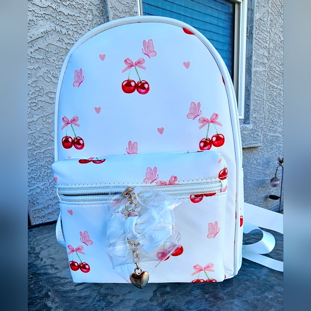 White with Bows, Butterflies, & Cherry Print Backpack